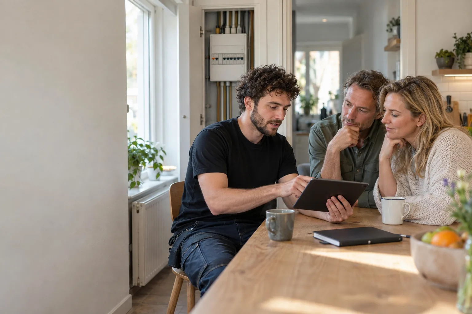 Elektricien bespreekt het werk met bewoners aan de keukentafel