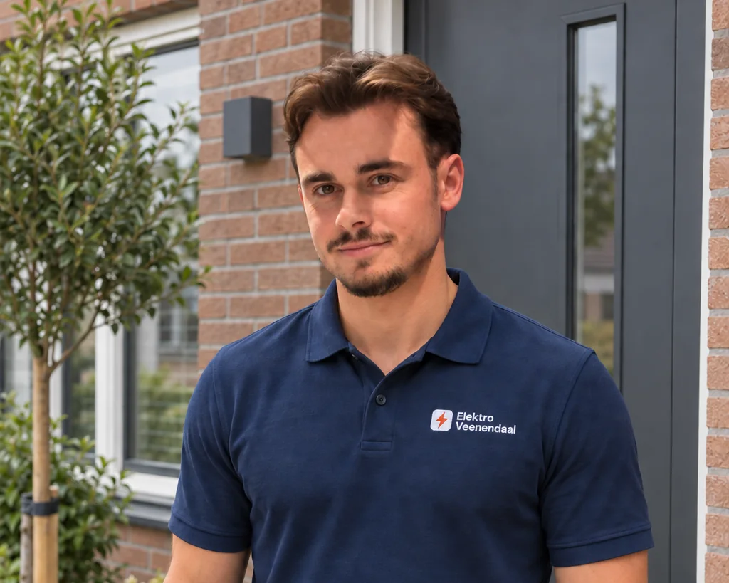 Daan, monteur bij Elektro Veenendaal, bij de voordeur van een woning