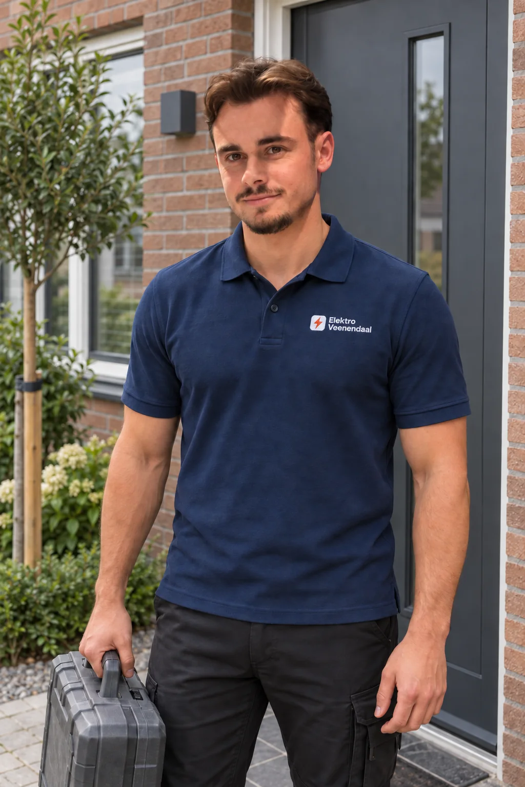 Daan, monteur bij Elektro Veenendaal, bij de voordeur van een woning