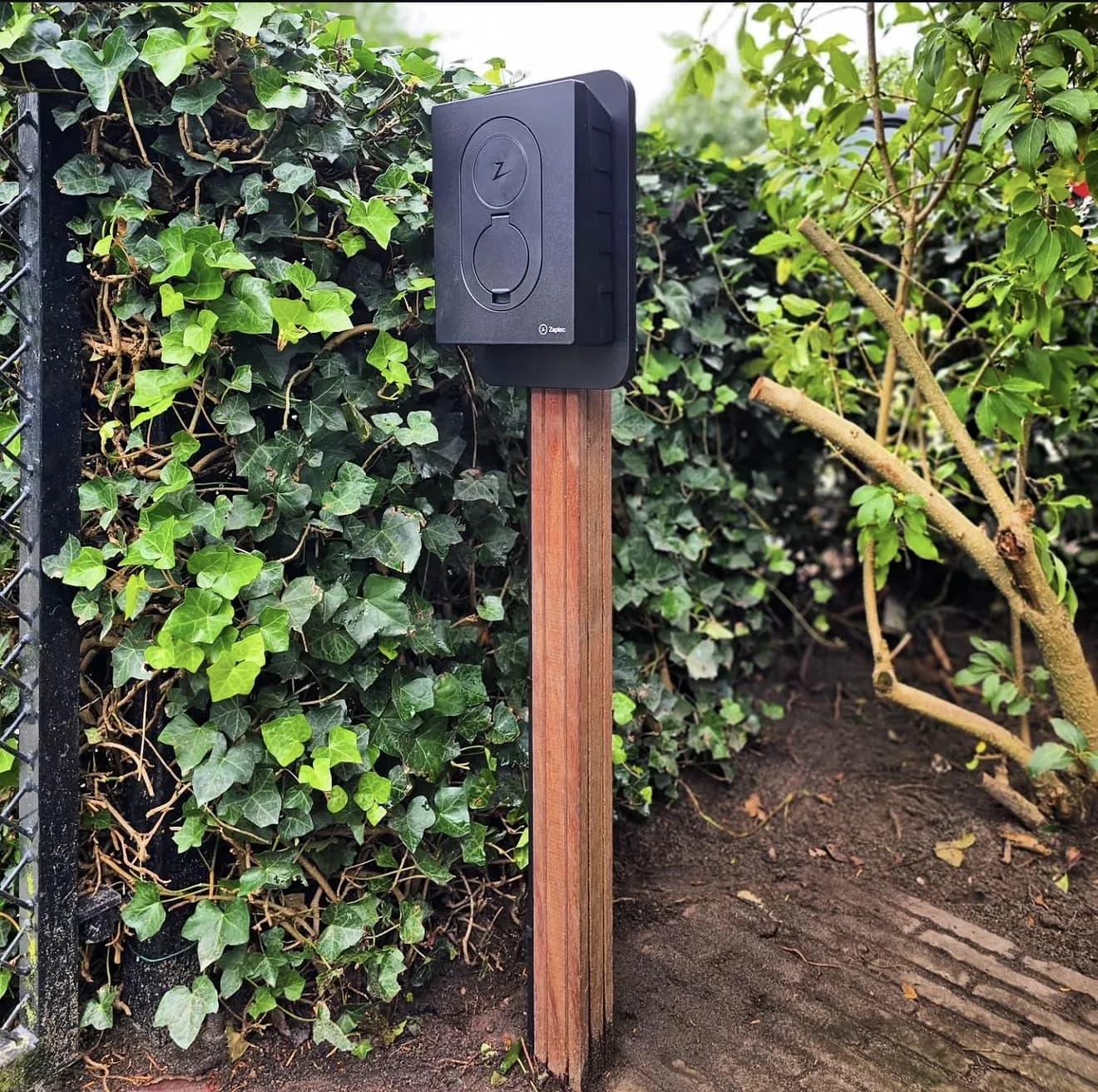 Laadpaal op een houten staander in een tuin met klimop
